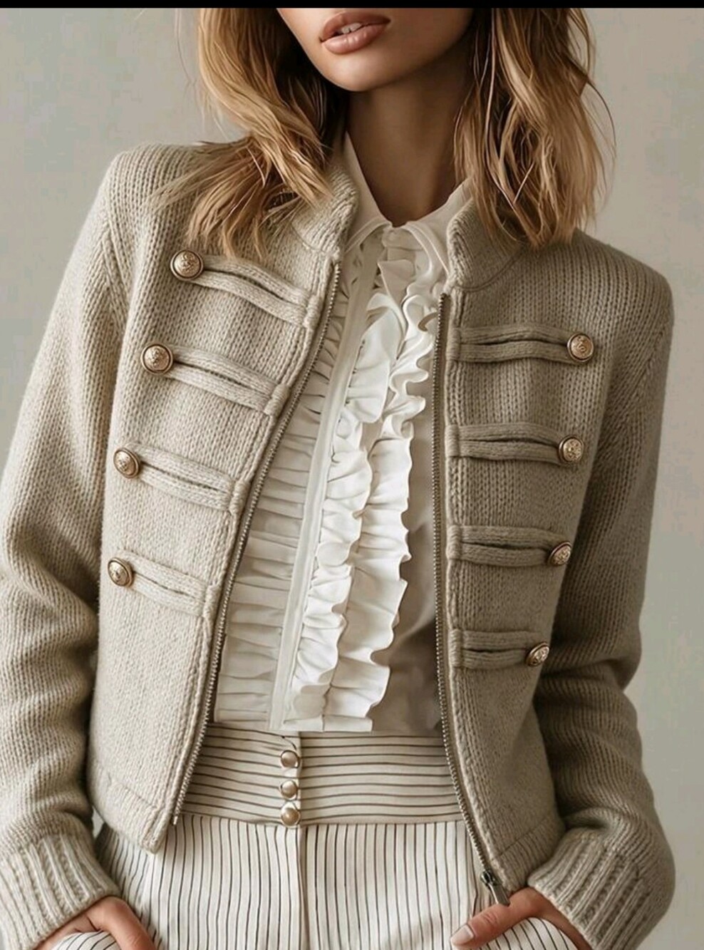 Womens Neutral Knit Military-Style Jacket - Beige